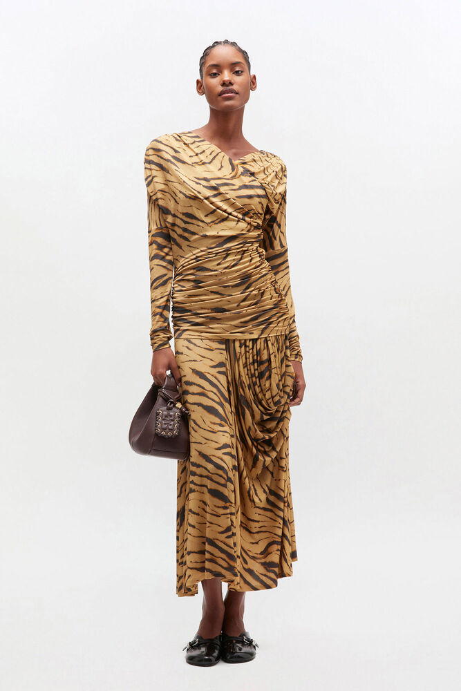 Robe froncée à imprimé tigre, Khaki