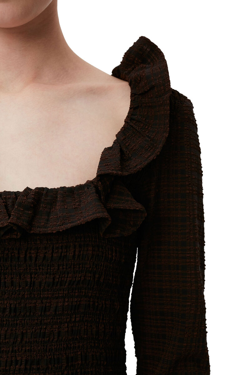 Gesmokte Seersucker-Bluse mit offenem Ausschnitt, Elastane, in colour Chicory Coffee - 4 - GANNI