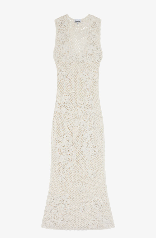 Lang kjole i bomuldscrochet, Egret