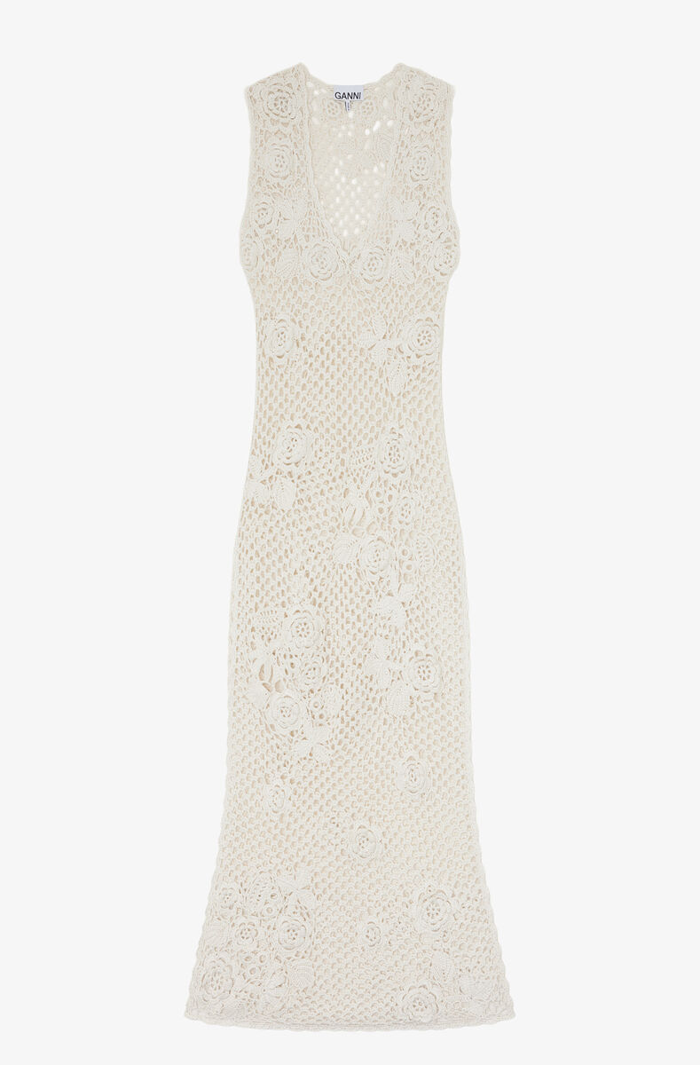 Robe longue crochet&eacute;e en coton, Organic Cotton, in colour Egret - 1 - GANNI
