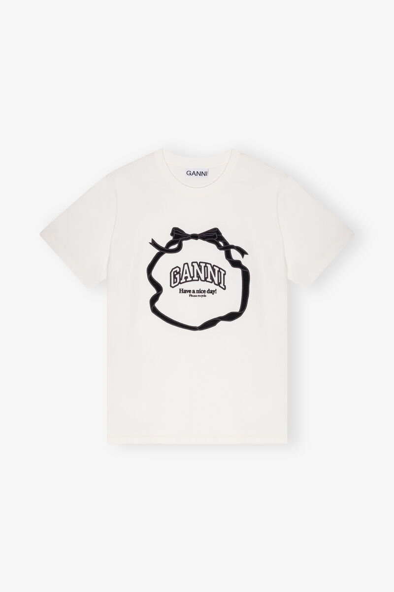 Ivory Relaxed Bow T-shirt, Organic Cotton, in colour Egret - 1 - GANNI