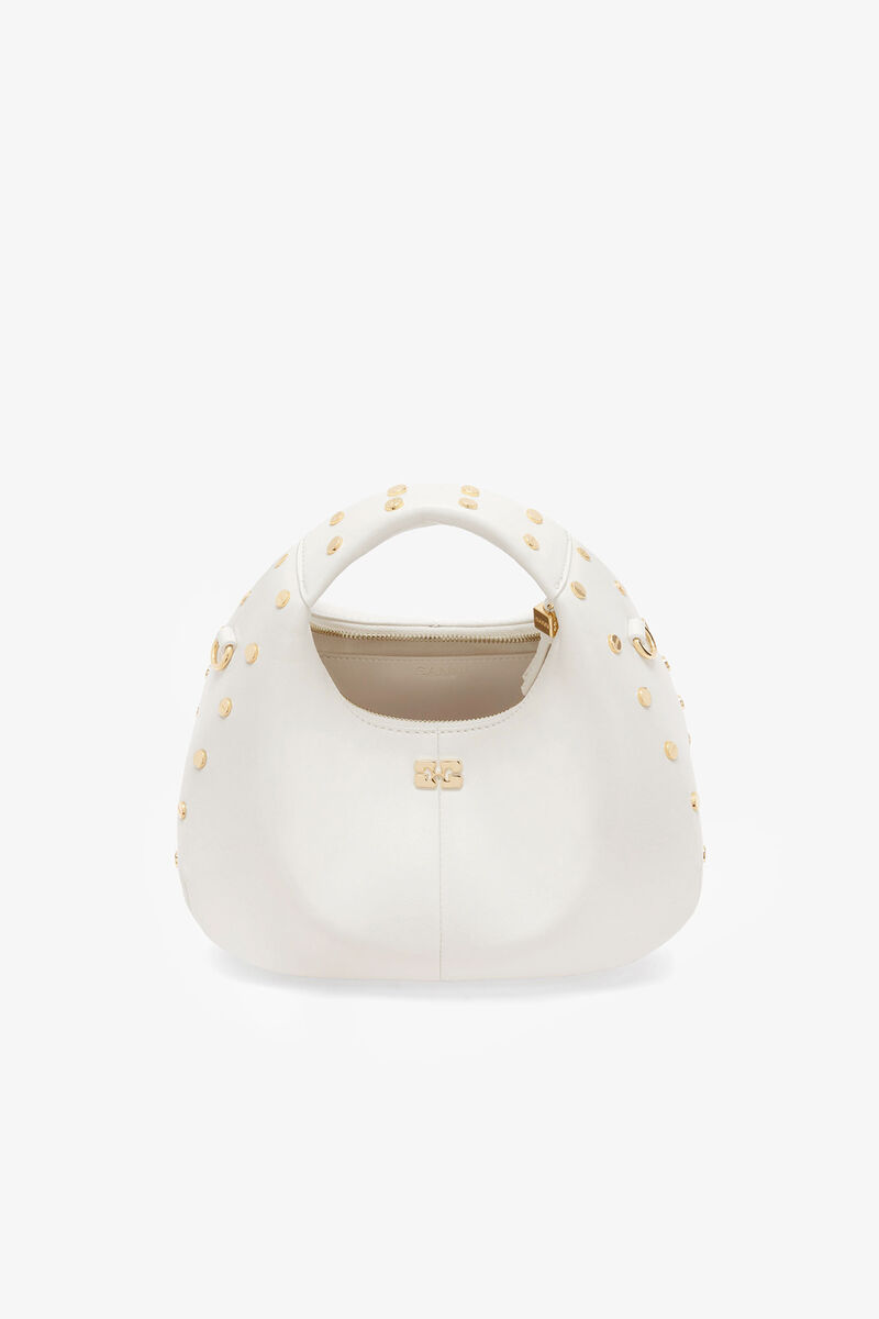 Mini Hobo Bag Studs in White, Recycled Leather, in colour Egret - 3 - GANNI