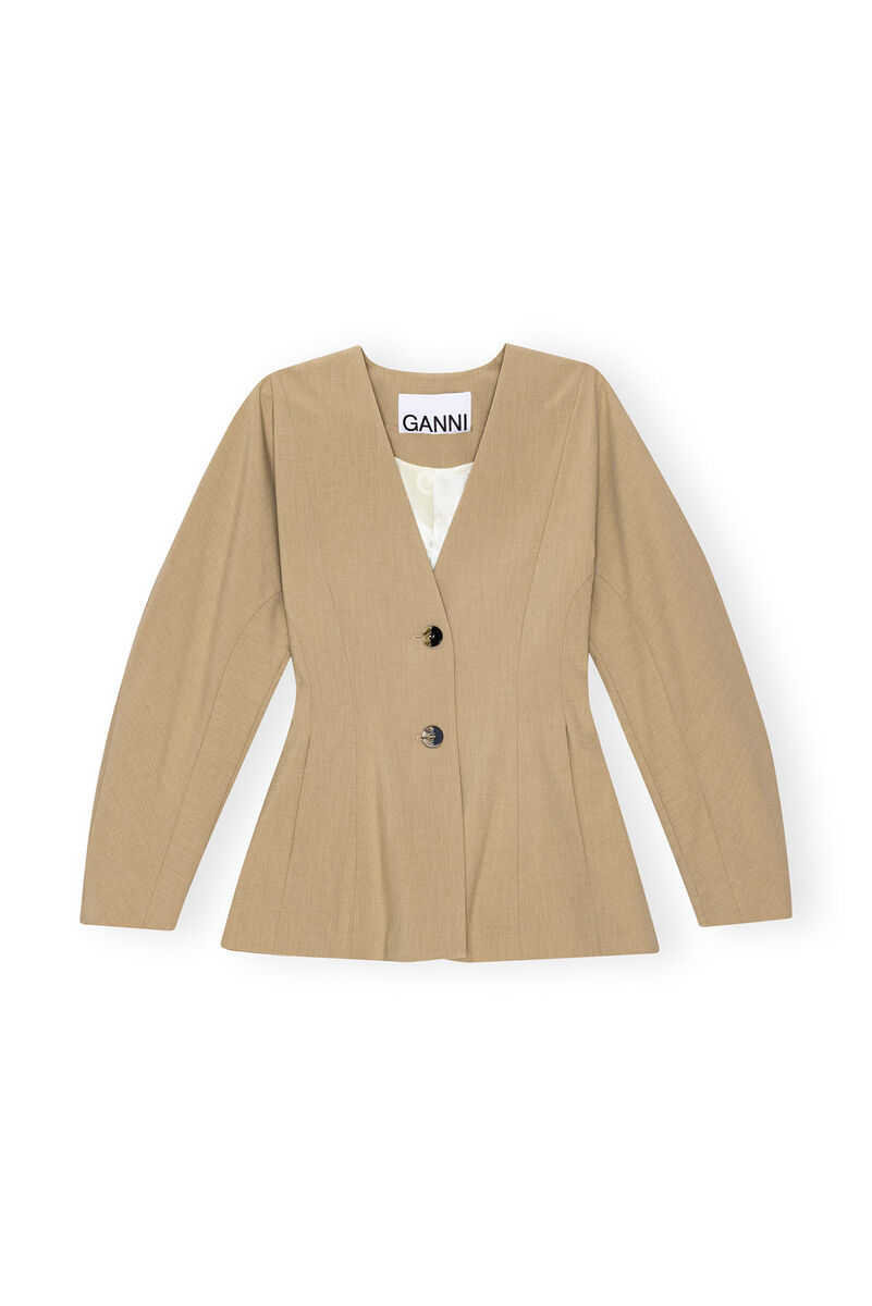 Blazer Beige Fitted Drapey Melange, Elastane, in colour Safari - 1 - GANNI