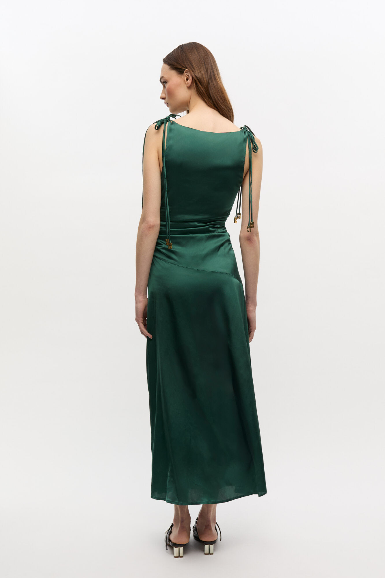 Green Satin Gathered Dress, Elastane, in colour Pineneedle - 2 - GANNI