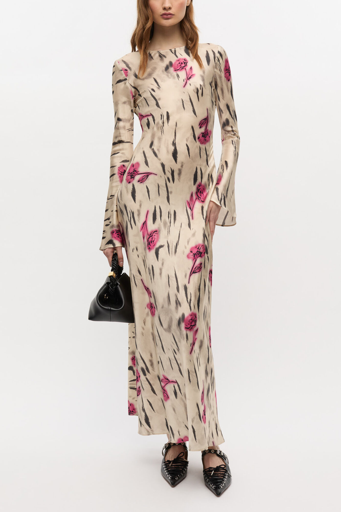 Floral Satin Maxi Dress, Viscose, in colour Egret - 1 - GANNI