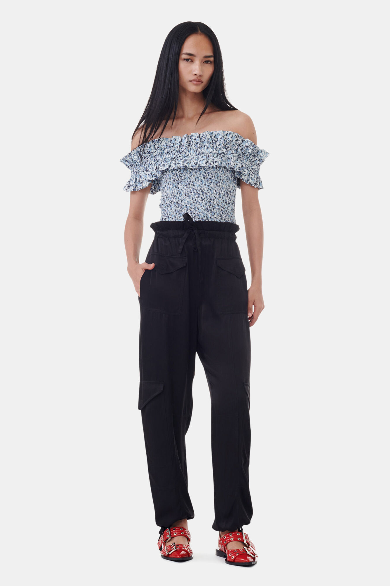 Glacier Lake Blue Floral Printed Cotton Off-shoulder Smock  