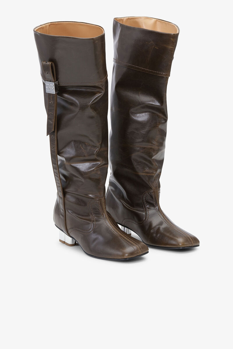 Dark Olive Slouchy Knee Boots, Cotton, in colour Dark Olive - 2 - GANNI