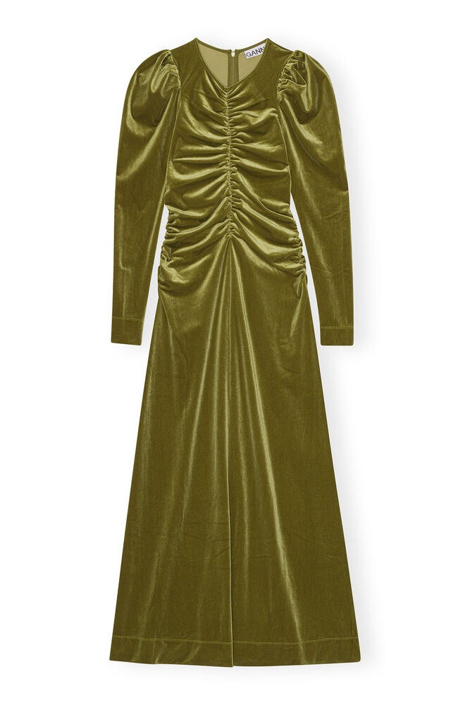 Green Velvet Jersey Long Dress, Avocado