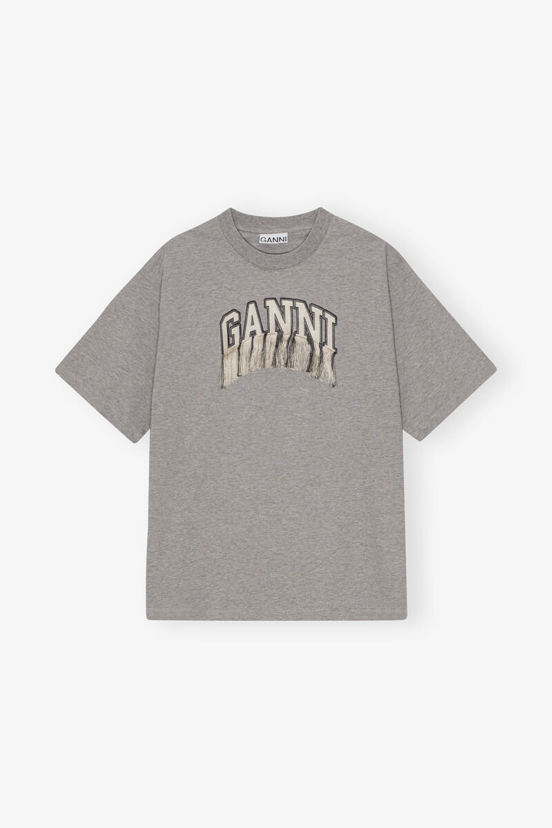 Grey Heavy Cotton Drop Shoulder Fringe T-shirt, Cotton, in colour Paloma Melange - 1 - GANNI
