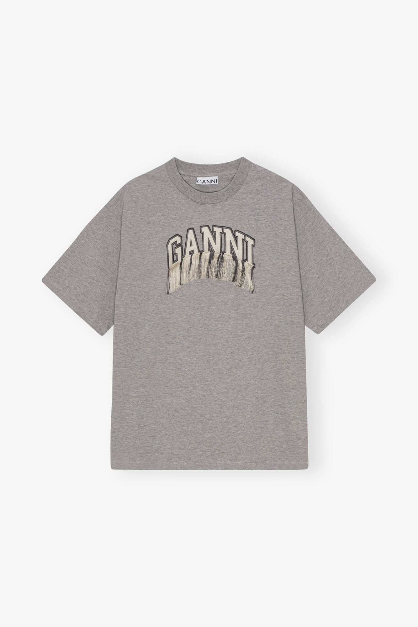 Grey Heavy Cotton Drop Shoulder Fringe T-shirt, Cotton, in colour Paloma Melange - 1 - GANNI