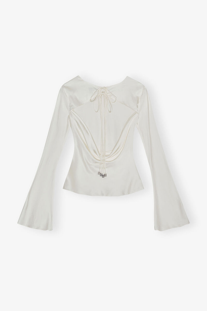 Ivory Satin Blouse, Elastane, in colour Egret - 2 - GANNI