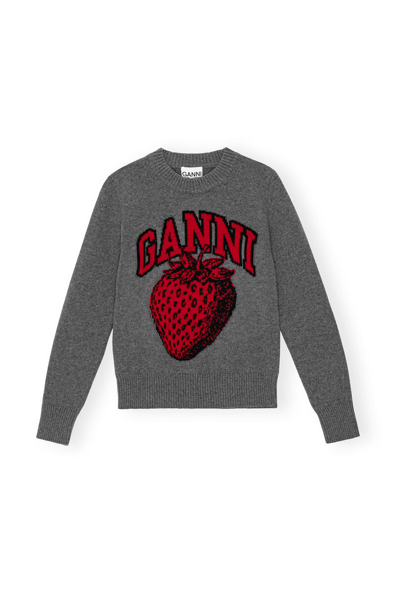 Graphic Strawberry O-neck Pullover, Recycled Polyamide, in colour Frost Gray - 1 - GANNI