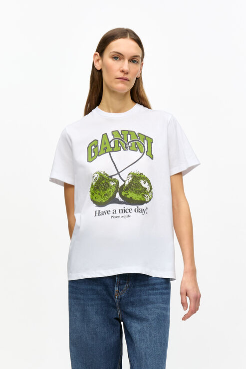Ganni Women's Basic Jersey Cherry Relaxed T-Shirt In Bright White Organic Cotton 2XS