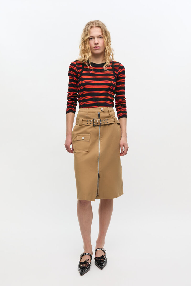 Camel Cotton Midi Skirt, Elastane, in colour Tiger's Eye - 1 - GANNI