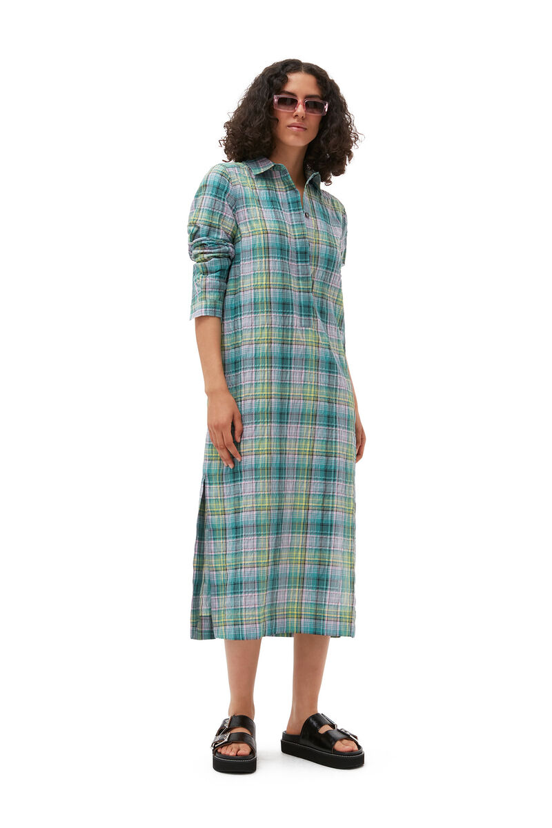 Seersucker Check Shirt Dress, Organic Cotton, in colour Lagoon - 5 - GANNI
