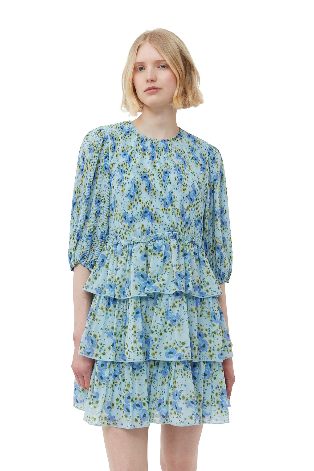 Pleated Georgette Mini Dress, Recycled Polyester, in colour Ice Water - 4 - GANNI