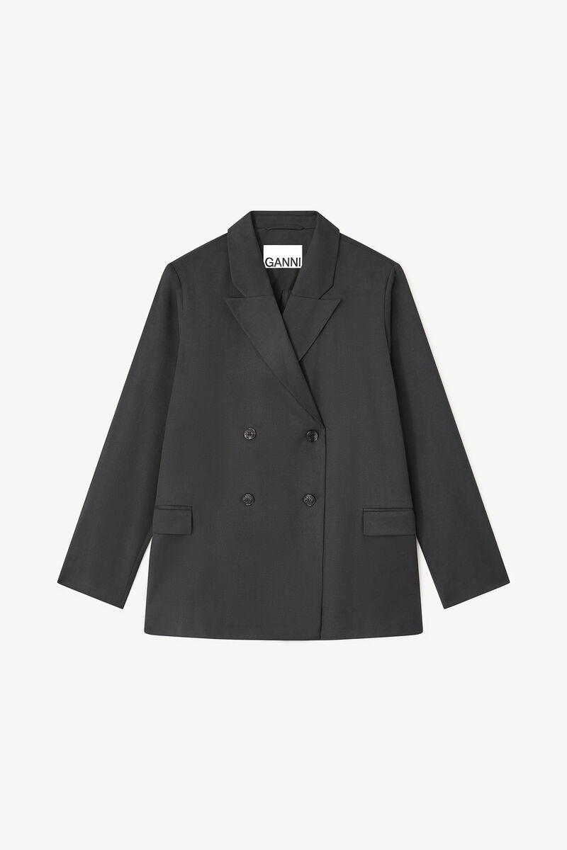 Double-breasted Wool Blazer, Recycled Polyester, in colour Black - 1 - GANNI