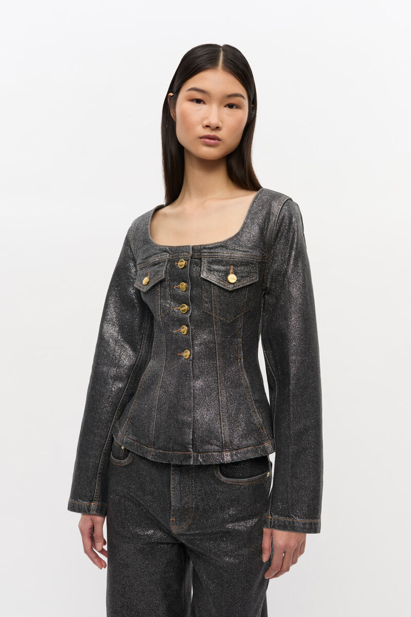 Jeansblazer mit schimmernder Folie, Cotton, in colour Washed Black/Black - 1 - GANNI