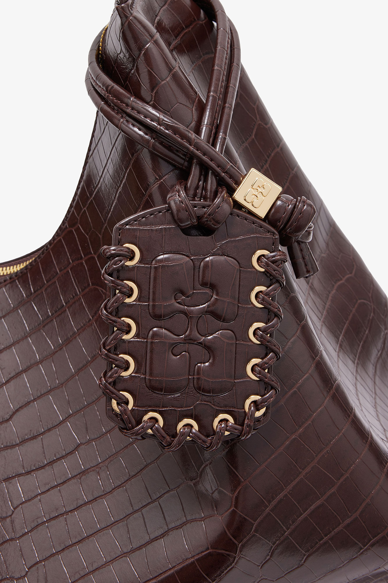 Brown Croco XXL Hobo Bag, Recycled Leather, in colour Chocolate Fondant - 3 - GANNI