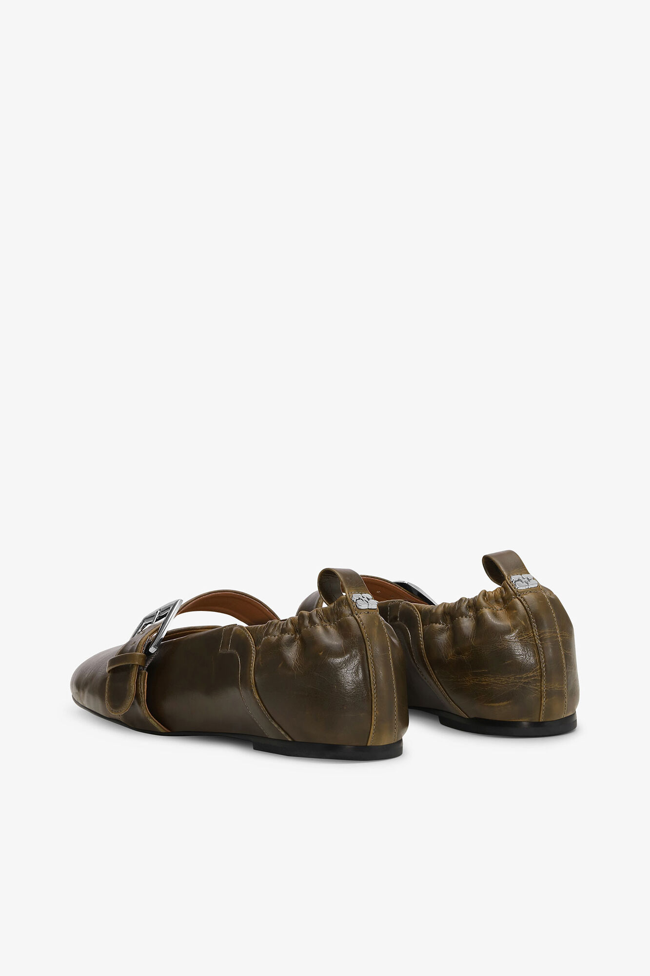 Buckle Strap Ballerinas in Dark-Olive, Oleatex&trade;, in colour Dark Olive - 3 - GANNI