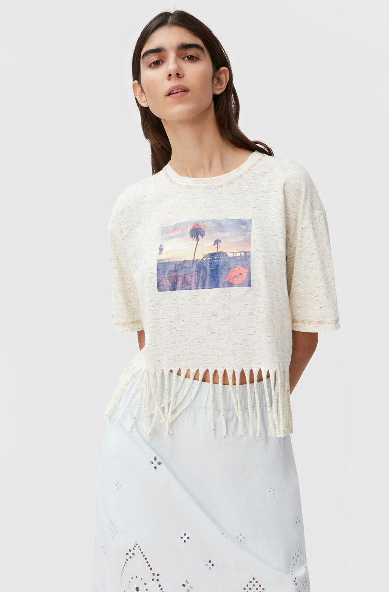 Cropped Fringe Graphic Tee, Cotton, in colour Egret - 1 - GANNI
