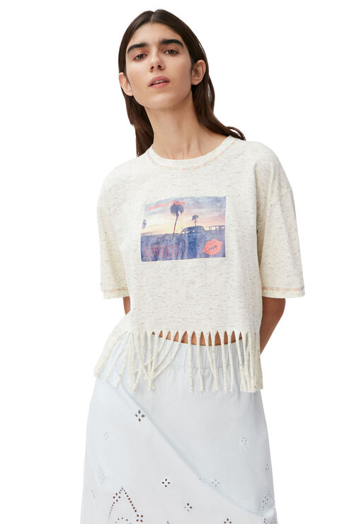 Ganni Postcard Print Fringed Cotton Blend Cropped T-shirt In Egret