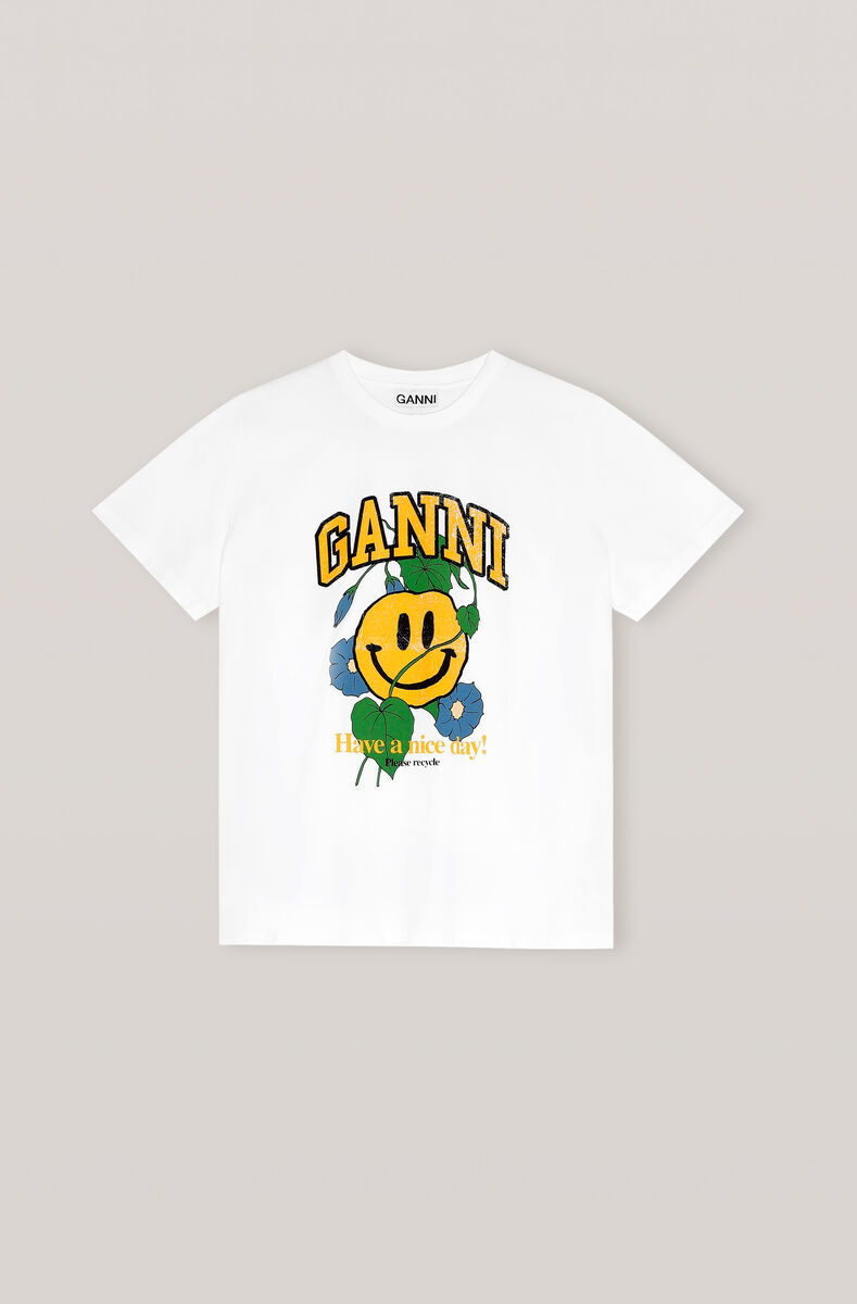 Basic Cotton Jersey T-shirt, Smiley Flower, Bright White, Cotton, in colour Bright White - 1 - GANNI