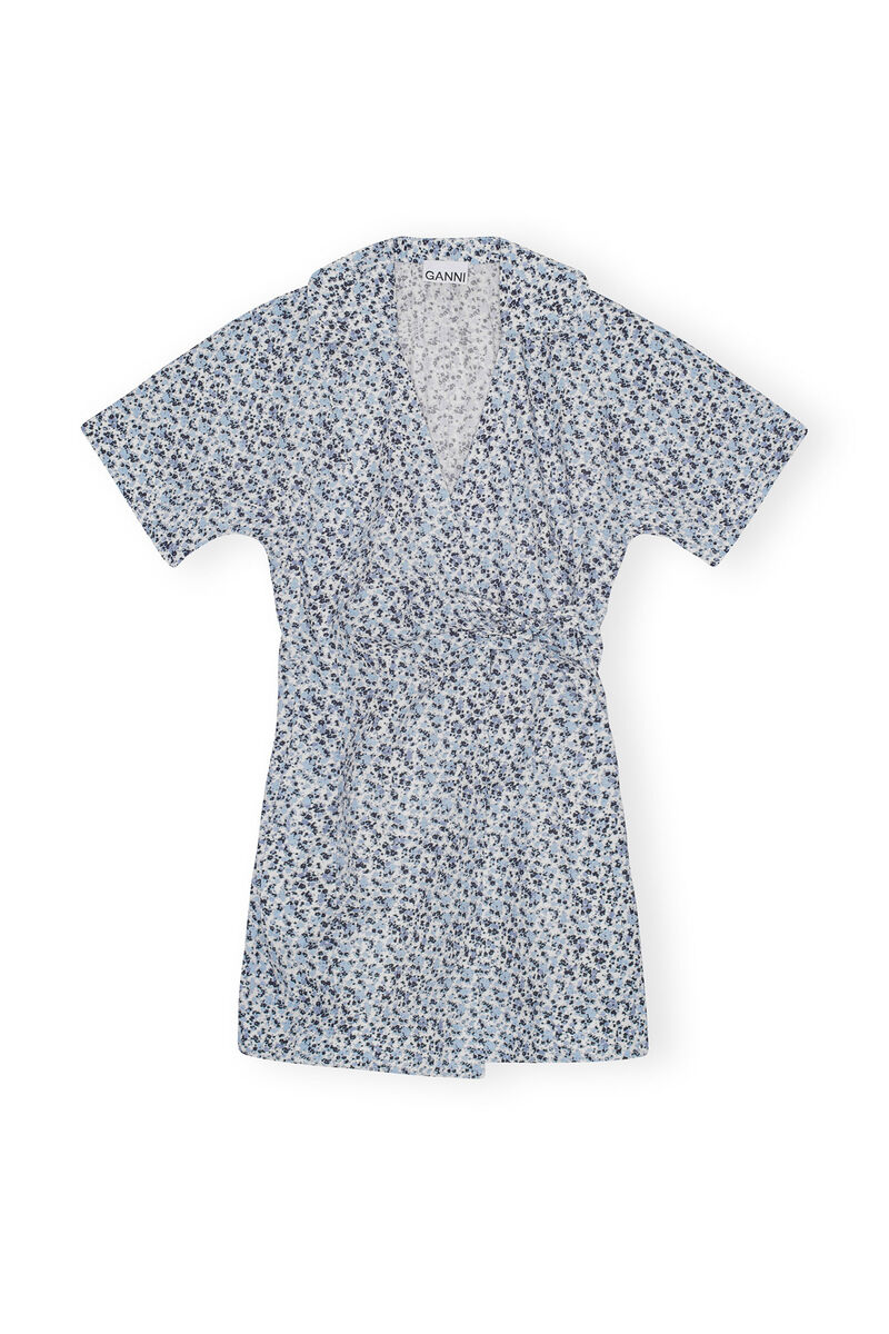 Blue Floral Printed Cotton Wrap Mini-kjole, Cotton, in colour Glacier Lake - 1 - GANNI