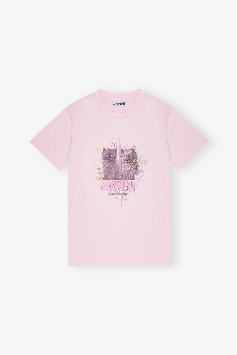 Pink Kittens T-shirt, Cotton, in colour Chalk Pink - 1 - GANNI
