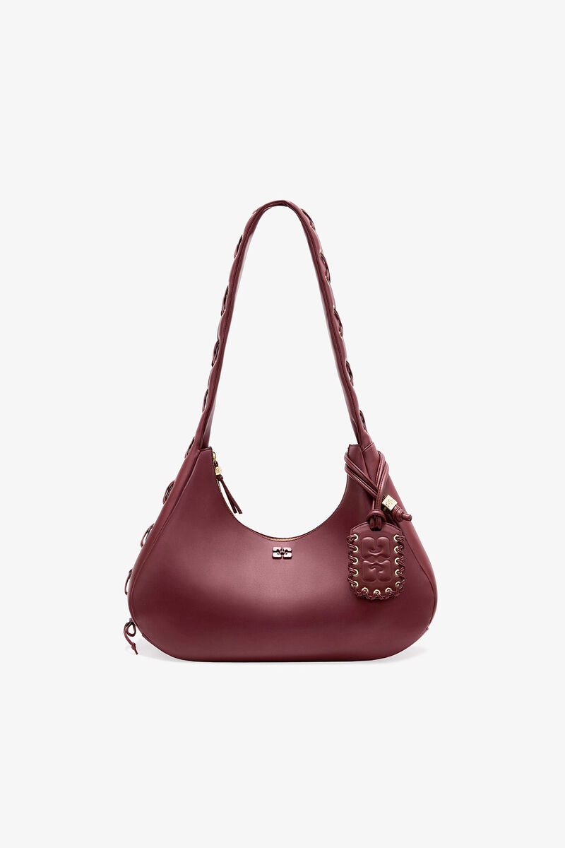 Burgunderrote mittelgro&szlig;e Hobo-Tasche mit Schn&uuml;rsenkeln, Recycled Leather, in colour Burgundy - 1 - GANNI