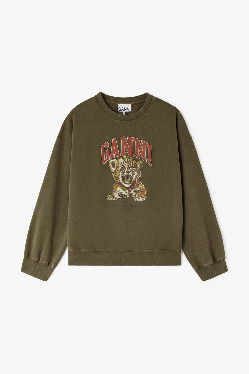 Sweat-shirt &agrave; col rond avec imprim&eacute; tigre, Organic Cotton, in colour Military Olive - 1 - GANNI