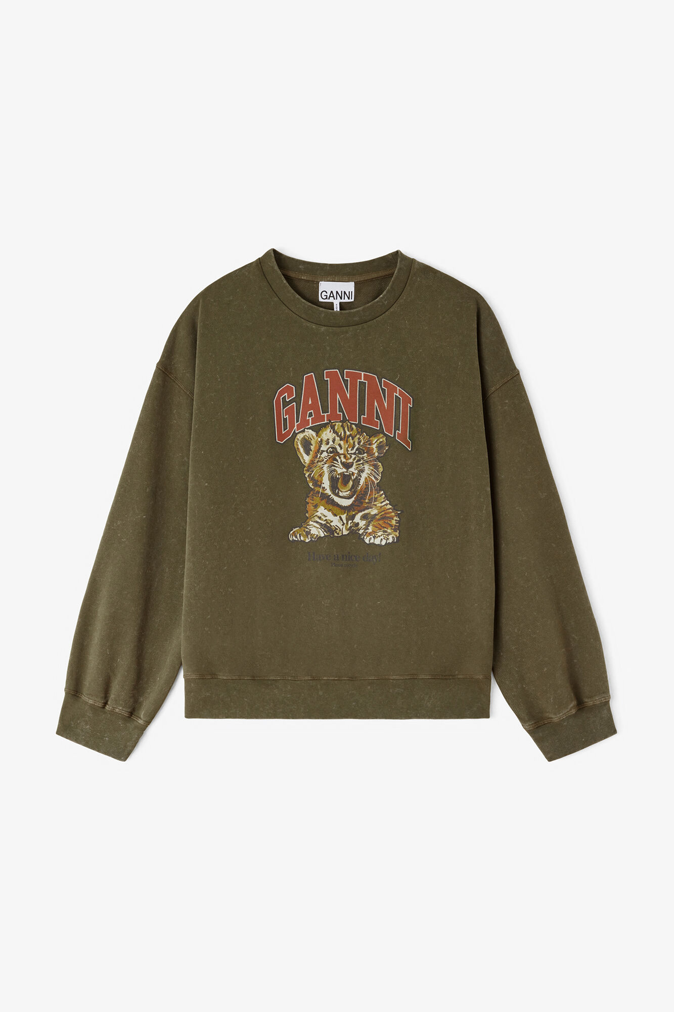 Sweat-shirt &agrave; col rond avec imprim&eacute; tigre, Organic Cotton, in colour Military Olive - 1 - GANNI