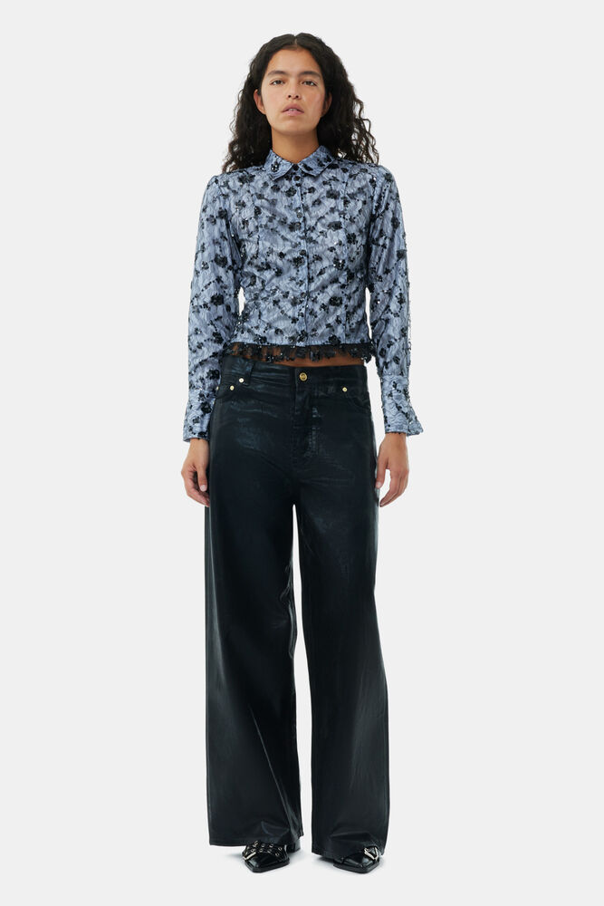 Black Foil Denim Wide Jeans, Black