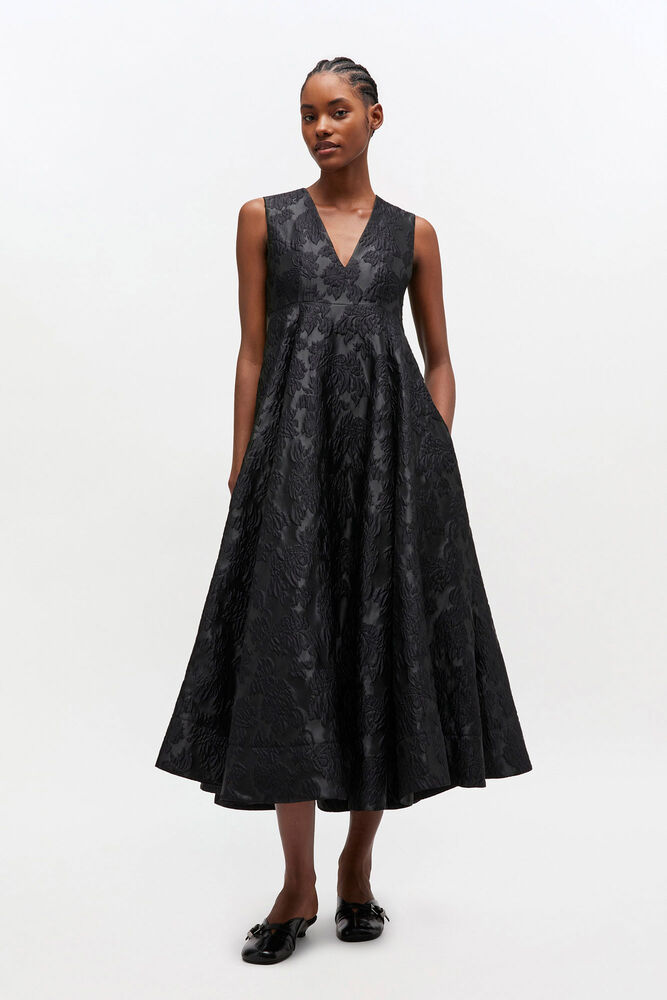 Satin Cloque Long Dress, Jet Black