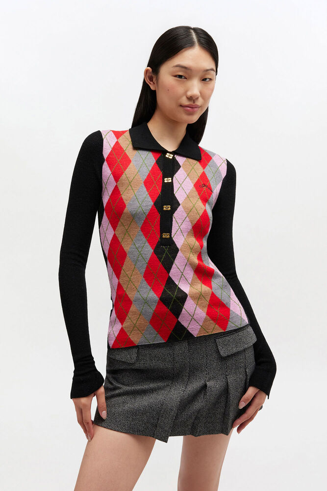 Fine Merino Harlequin Polo, Jet Black