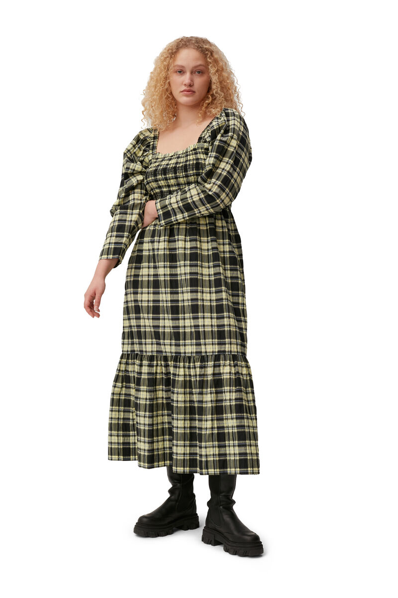 Checkered Seersucker Maxi Dress, Cotton, in colour Check Elfin Yellow - 4 - GANNI