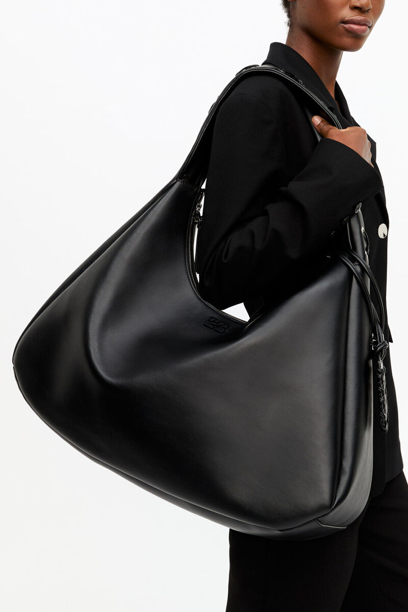Black XXL Hobo Bag, Recycled Leather, in colour Black - 9 - GANNI
