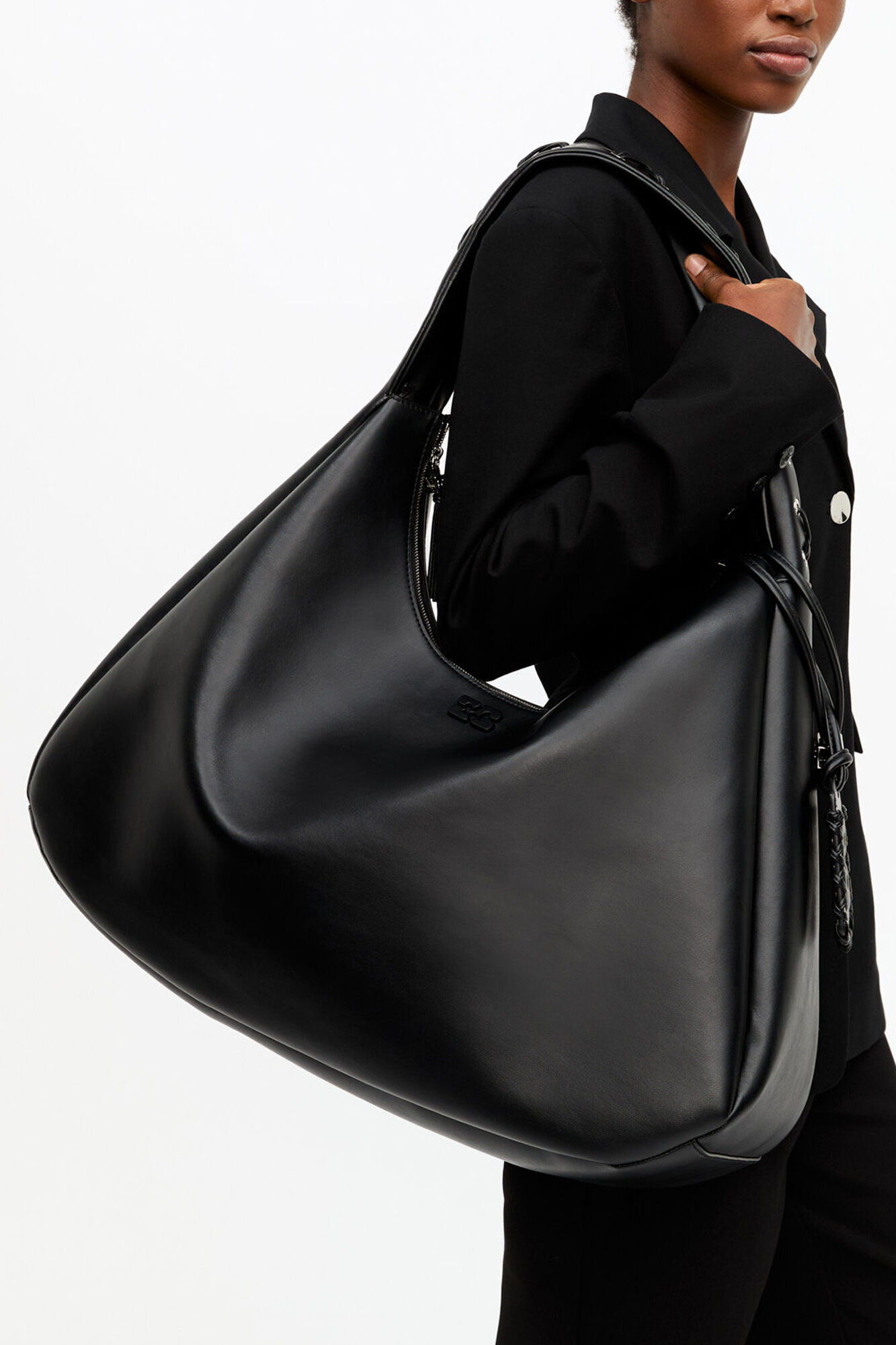 Black XXL Hobo Bag, Recycled Leather, in colour Black - 9 - GANNI