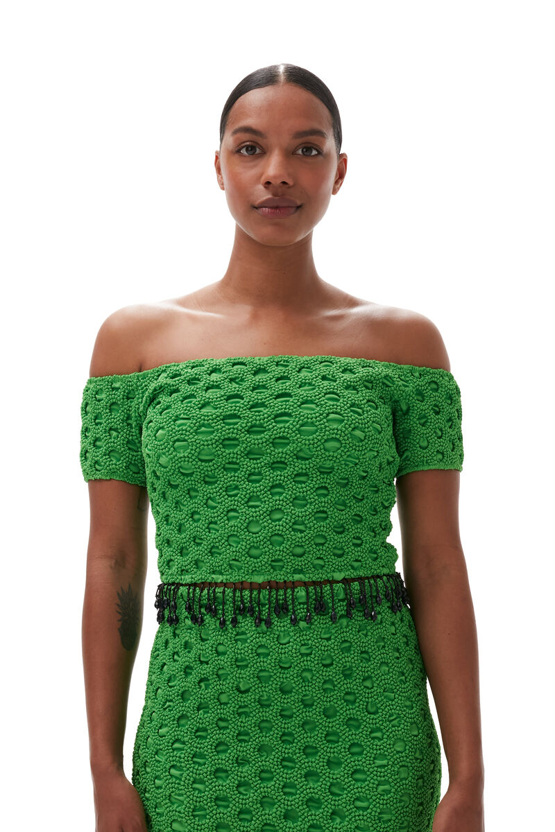 Smocked Satin Off Shoulder Top, Polyester, in colour Classic Green - 4 - GANNI