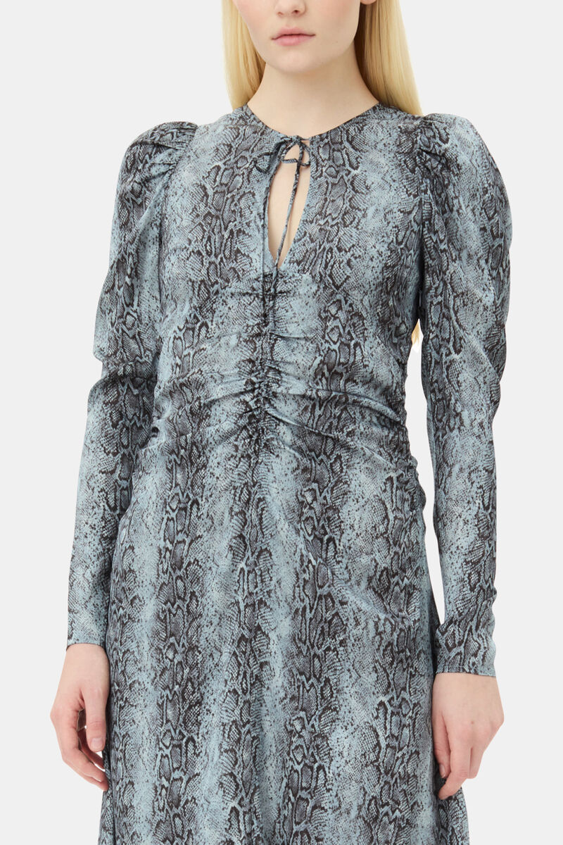 Blue Snake Print Ruched Midi Dress, Viscose, in colour Celestial Blue - 2 - GANNI