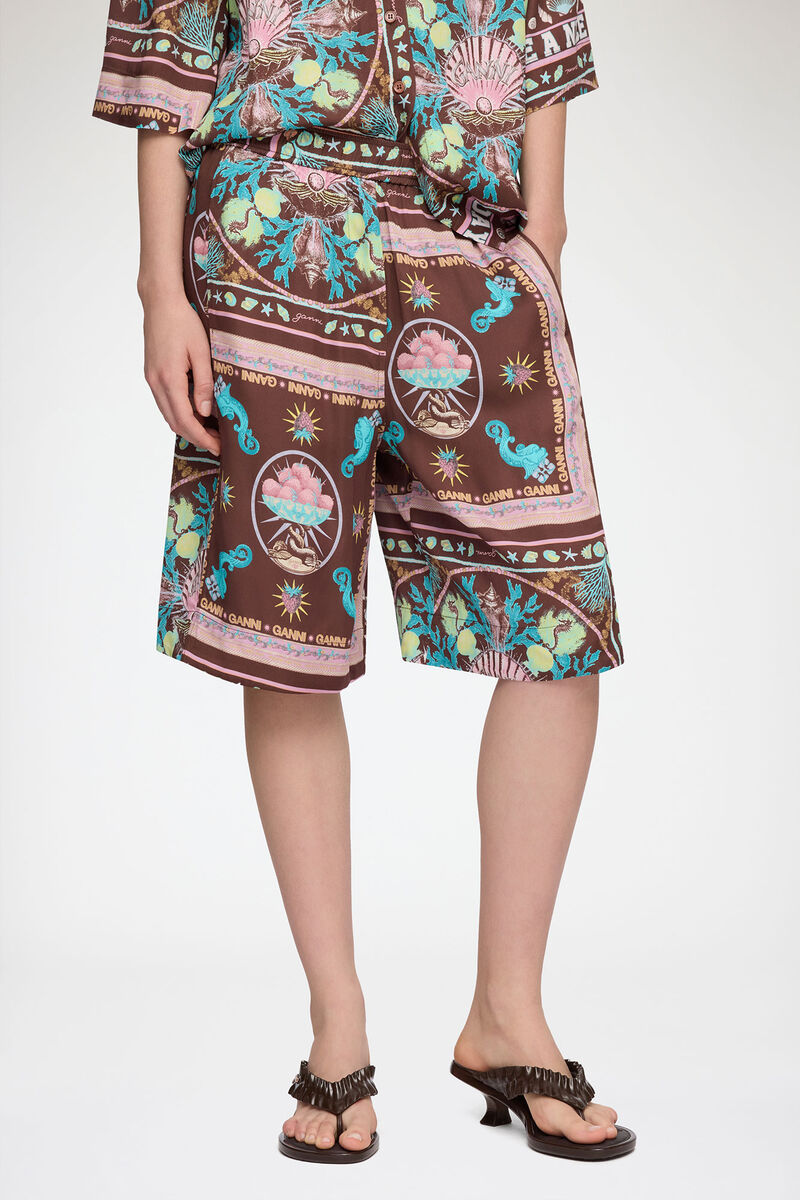 Shorts in Printed Twill, Viscose, in colour Chicory Coffee - 2 - GANNI