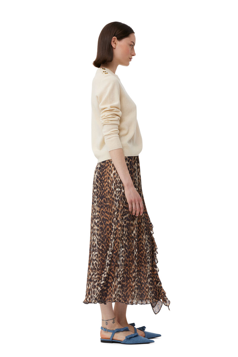 Jupe Leopard Pleated Georgette Midi Flounce, Recycled Polyester, in colour Almond Milk - 3 - GANNI