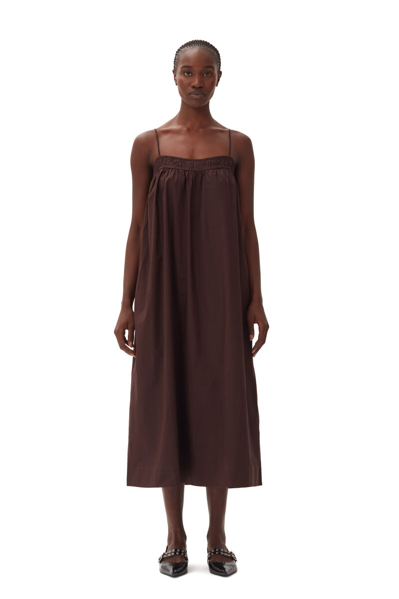 Brown Cotton Poplin Midi Strap klänning, Cotton, in colour Mole - 1 - GANNI