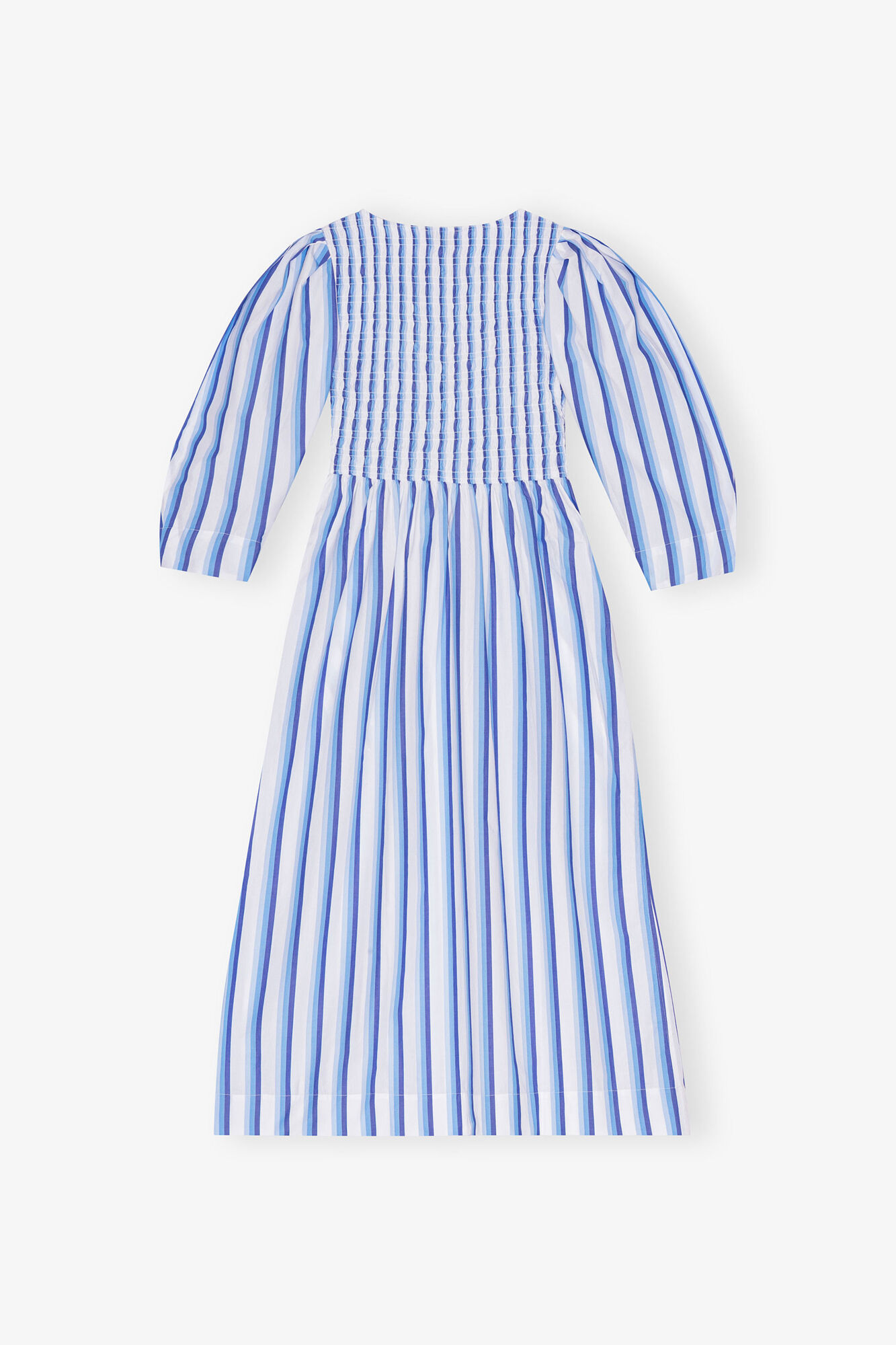 Blue Striped Cotton Smock Long Dress, Organic Cotton, in colour Silver Lake Blue - 2 - GANNI