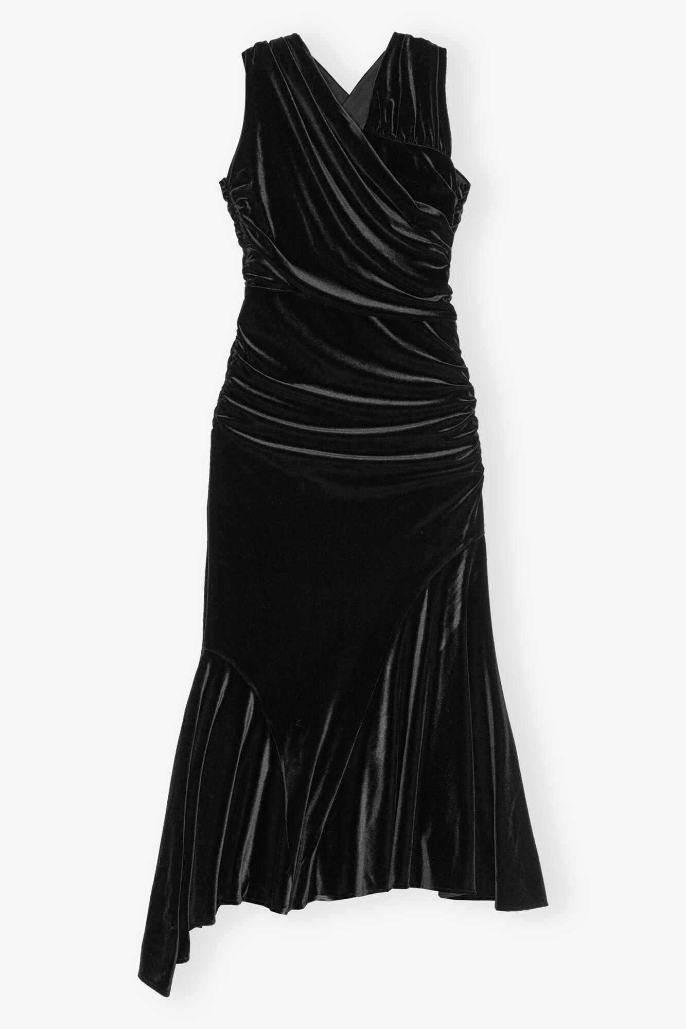 Black Velvet Ruched Dress, Recycled Polyester, in colour Black - 1 - GANNI