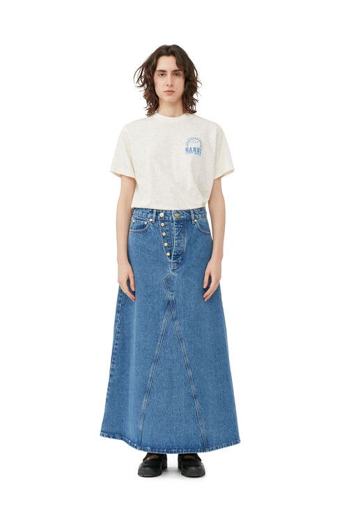 Shop Ganni Overdyed Cutline Denim Maxi Skirt In Mid Blue Stone