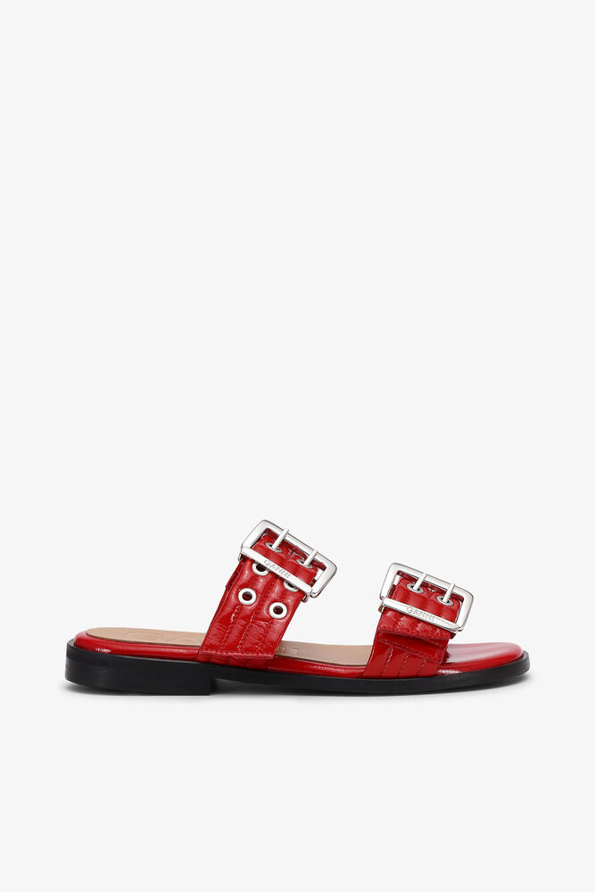 Feminine Buckle Two-Strap Sandals in Red, Racing Red