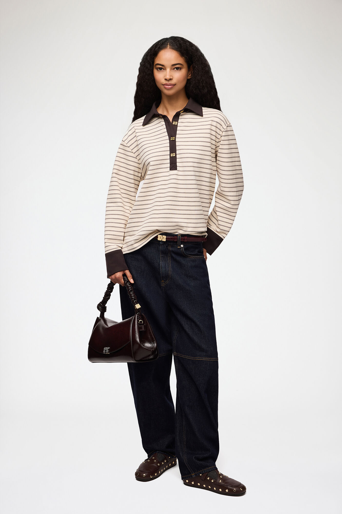 Polo Shirt in Stripe, Organic Cotton, in colour Chocolate Brown - 2 - GANNI