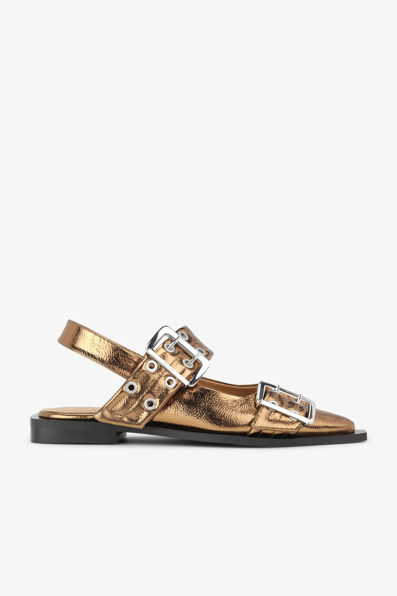 Brown Metallic Feminine Buckle Ballerinas, Polyurethane, in colour Bronze - 1 - GANNI