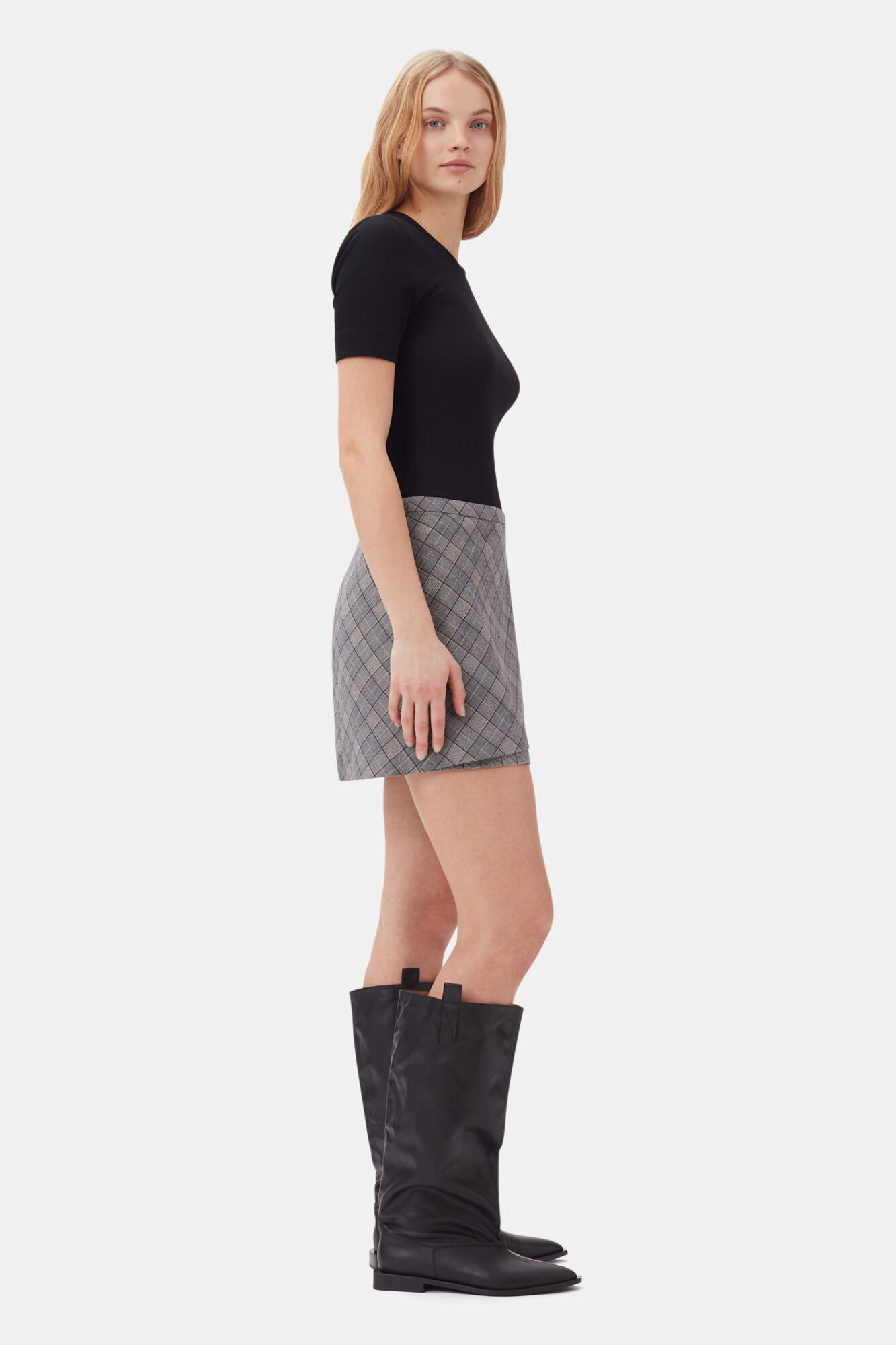 Checkered Mini Skirt, Elastane, in colour Frost Gray - 3 - GANNI